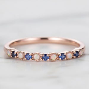 Vintage Opal Sapphire Wedding Band Yellow Gold Ring Half Eternity Birthstone Bezel Ring