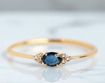 Dainty Blue Sapphire: Diamond Cluster, 14k Solid Yellow Gold Ring Anniversary Gift For Wife