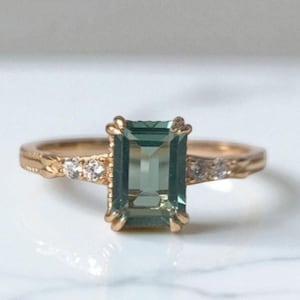 Green Amethyst Ring: Yellow Gold Plated Sterling Silver Floral Art Deco Promise Ring Personalized Jewelry