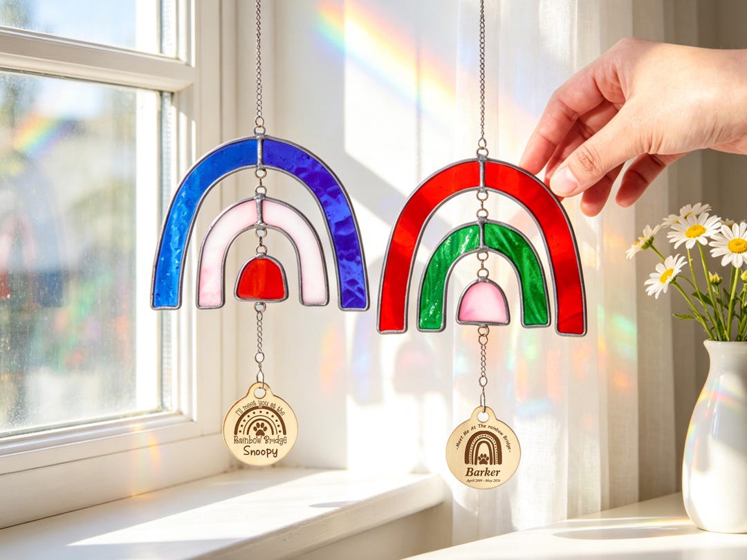 Personalized Stained Glass Pet Memorial Suncatcher, Rainbow Bridge ...