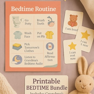 Gemütliches Schlafenszeit-Set für Kinder | Routine Chart, Affirmationskarten & Omas Stimme MP3 | Sofortiger digitaler Download