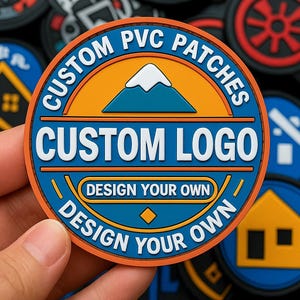 Peut inclure: Un écusson circulaire en PVC avec un graphique de montagne et le texte CUSTOM PVC PATCHES, CUSTOM LOGO, et DESIGN YOUR OWN. Le design utilise des couleurs orange, bleu et blanc avec des lettres en relief et une icône de sommet.