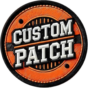 Puede incluir: Parche circular con las palabras "CUSTOM PATCH" en letras blancas en relieve. El parche tiene una combinación de colores naranja y negro, con un fondo texturizado y un borde negro. Dos pequeños círculos negros están en el fondo naranja.