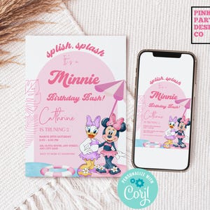 pool party Minnie mouse and Daisy birthday invitation, Oh Twodles Invite, girl2nd 3rd 4th birthday party evite, beach summer editable invite