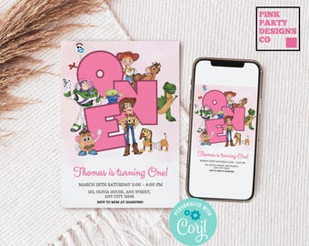Faire-part d'anniversaire Toy Story rose, invitation de fête de fille (modèle numérique éditable)