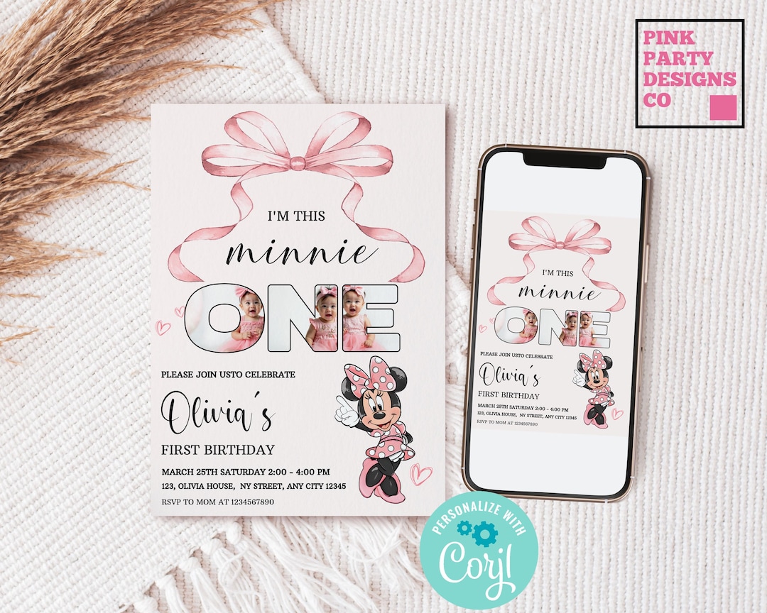 Minnie Mouse 1st Birthday Invitation, Pink Bow Evite (editable Digital ...