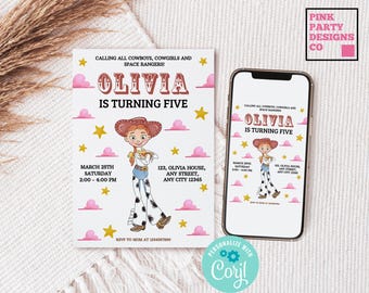 Invitación de cumpleaños de Jessie de Toy Story, rosa, plantilla editable