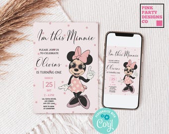 Invitación de cumpleaños de Minnie Mouse para el primer cumpleaños, invitación digital rosa con lunares