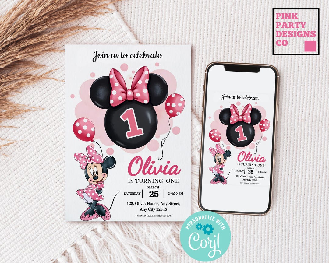 Pink Minnie Mouse 1st Birthday Invitation Template (digital) - Etsy