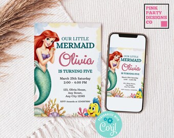 Ariel Birthday Invitation Template, Little Mermaid Princess Invite (Digital)