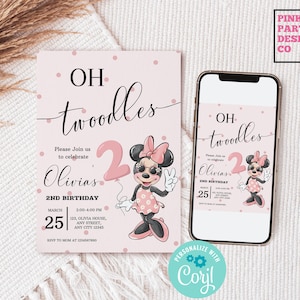 Oh Twodles Birthday invitation, Oh Twoodles Invite, Minnie mouse party, girl pink minnie 2nd birthday evite, editable digital download