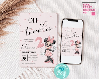 Invitación de cumpleaños número 2 de Minnie Mouse de Oh Twodles (Descarga digital editable)