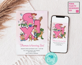 Invitación de cumpleaños rosa de Toy Story, plantilla editable (descarga digital)