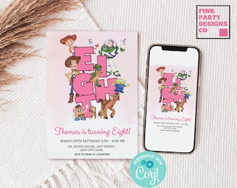 Invitación de cumpleaños de Toy Story rosa, plantilla editable (digital)