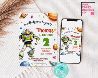 May include: A birthday invitation featuring Buzz Lightyear from Toy Story. The invitation includes the text "to infinity and beyond!" and details for a party for Thomas, who is turning 2. The design includes planets, stars, and a rocket ship.