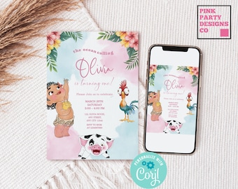 Baby Moana Birthday Invitation, Luau Party, Editable Evite (Digital)