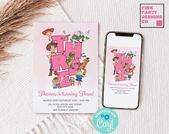 Pink Toy Story Geburtstagseinladung, bearbeitbare Vorlage (digital)