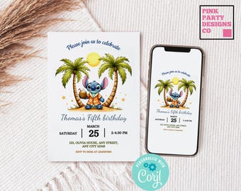 Invitación de cumpleaños de Stitch, plantilla editable (descarga digital)