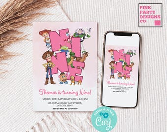 Invitación de cumpleaños de Toy Story rosa, plantilla editable (digital)