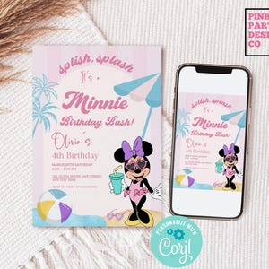 Minnie Mouse 4th Birthday Invitation: Pool Party, Editable Template (Digital Download)