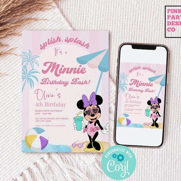 Minnie Mouse 4th Birthday Invitation: Pool Party, Editable Template (Digital Download)