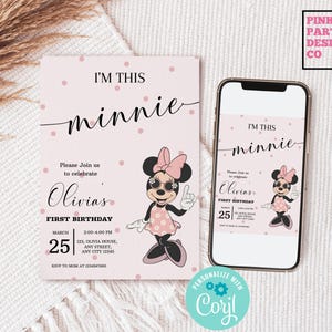 Minnie 1st Birthday invitation, Minnie mouse party, Girl Minnie mouse First Birthday Invite, Minnie mouse evite editable template digital