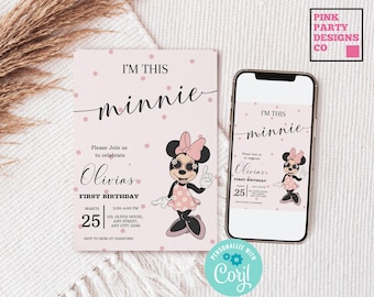 Invitación de cumpleaños de Minnie Mouse para el primer cumpleaños, plantilla digital editable