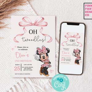 Oh Twodles Birthday invitation, Oh Twoodles Invite, Minnie mouse party, girl pink minnie 2nd birthday evite, editable template digital