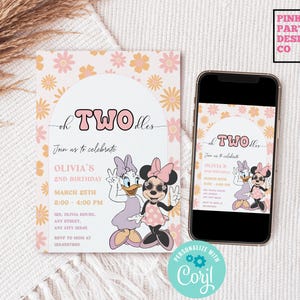 Groovy Oh Twodles Birthday invitation, Oh Twoodles Invite, Minnie mouse party, girl minnie 2nd birthday evite, minnie and daisy editable
