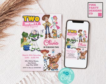Plantilla de invitación de cumpleaños de Toy Story rosa para niña (digital)