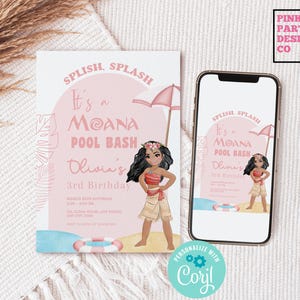 Pool Party Moana Birthday invitation, luau moana Invite, Moana birthday party, 1st 2nd 3rd 4th birthday hei hei  pua ocean calling evite