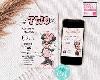 Invito per il secondo compleanno di Minnie Mouse Oh Twodles, modello modificabile (digitale)