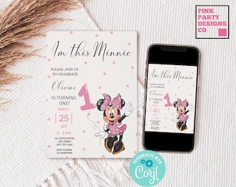 Invitación de cumpleaños de Minnie Mouse para el primer cumpleaños, invitación digital con lunares rosas
