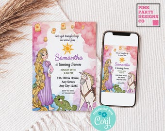 Può includere: Un invito di compleanno con un'illustrazione di una principessa con lunghi capelli biondi e un vestito viola. L'invito include i dettagli dell'evento e viene visualizzato su uno smartphone e una scheda stampata.