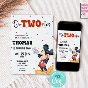 Oh Twodles  Birthday invitation, Mickey mouse party, mickey 2nd birthday Invite, mickey second birthday evite editable template digital