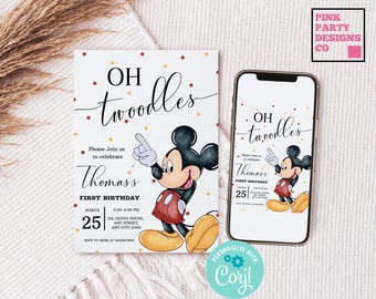 ミッキーマウス1歳の誕生日招待状、Oh Toodlesパーティー（デジタル）