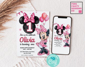 Pink Minnie Mouse Birthday Invitation, Editable Template (Digital)