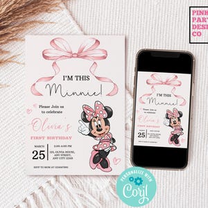 Minnie Mouse 1st Birthday Invitation, Pink Bow Evite (Digital)