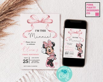 Invitación digital de Minnie Mouse para el primer cumpleaños, con lazo rosa