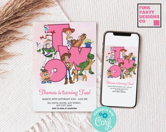 Invitación de cumpleaños rosa de Toy Story, plantilla editable (descarga digital)