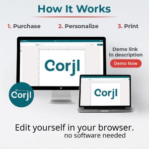 Puede incluir: Un monitor de computadora y una computadora port&aacute;til que muestran la palabra "Corjl" en color turquesa. La imagen incluye el texto "How It Works" y los pasos: Comprar, Personalizar e Imprimir. El texto "Edit yourself in your browser. no software needed."