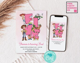 Invitación de cumpleaños de Toy Story para niña, plantilla rosa editable (digital)