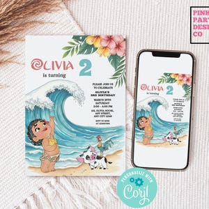 Baby Moana Birthday invitation, luau moana Invite, Moana first birthday party 1st 2nd birthday hei hei  pua ocean calling evite editable