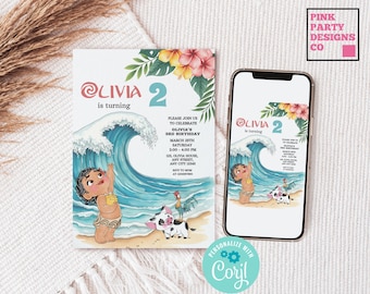 Baby Moana Birthday Invitation, Luau Party, Editable Evite (Digital)