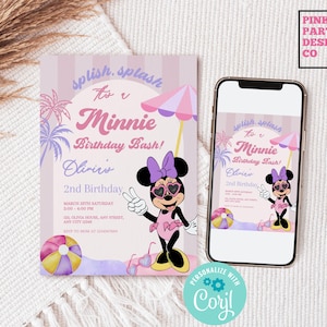 Beach Club Minnie Birthday invitation, Groovy Invite. mouse Pool Party, girl summer pool 2nd pastel Twodles 3rd 4th evite editable template