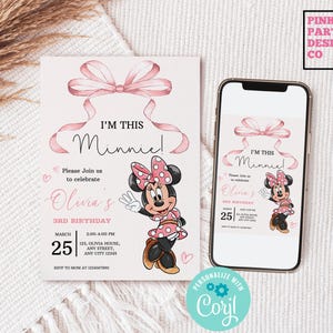 Minnie 3rd Birthday invitation,  girl minnie evite, Minnie mouse party, three year old pink bow ribbon editable digital instant download