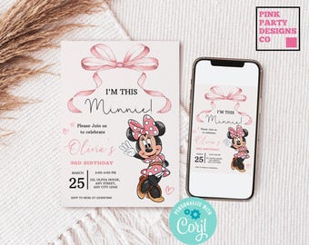 Invitación de cumpleaños número 3 de Minnie Mouse, lazo rosa, invitación electrónica editable (descarga digital)