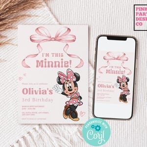 Minnie 3rd Birthday invitation, girl pink minnie evite, Minnie mouse party, three year old pink bow ribbon editable digital instant download