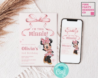 Minnie Mouse 3rd Birthday Invitation, Pink Bow, Editable Evite (Digital Download)