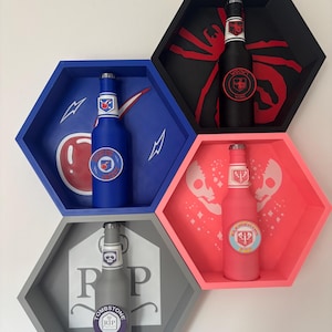 May include: Four hexagon-shaped wall shelves in black, blue, pink, and gray, each holding a bottle with a unique label. The shelves are decorated with themed graphics. The bottles have silver tops and colorful labels.